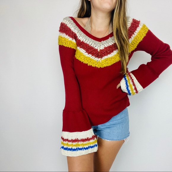 NWT Free People flare knit sleeve retro sweater - Picture 3 of 8